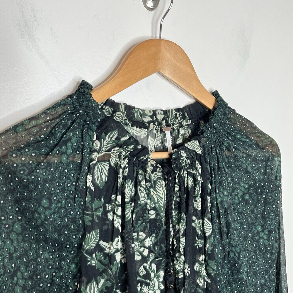 Free People Floral Sheer Blouse Green Womens Small Tasseled Cottage Forest fairy - Picture 2 of 9